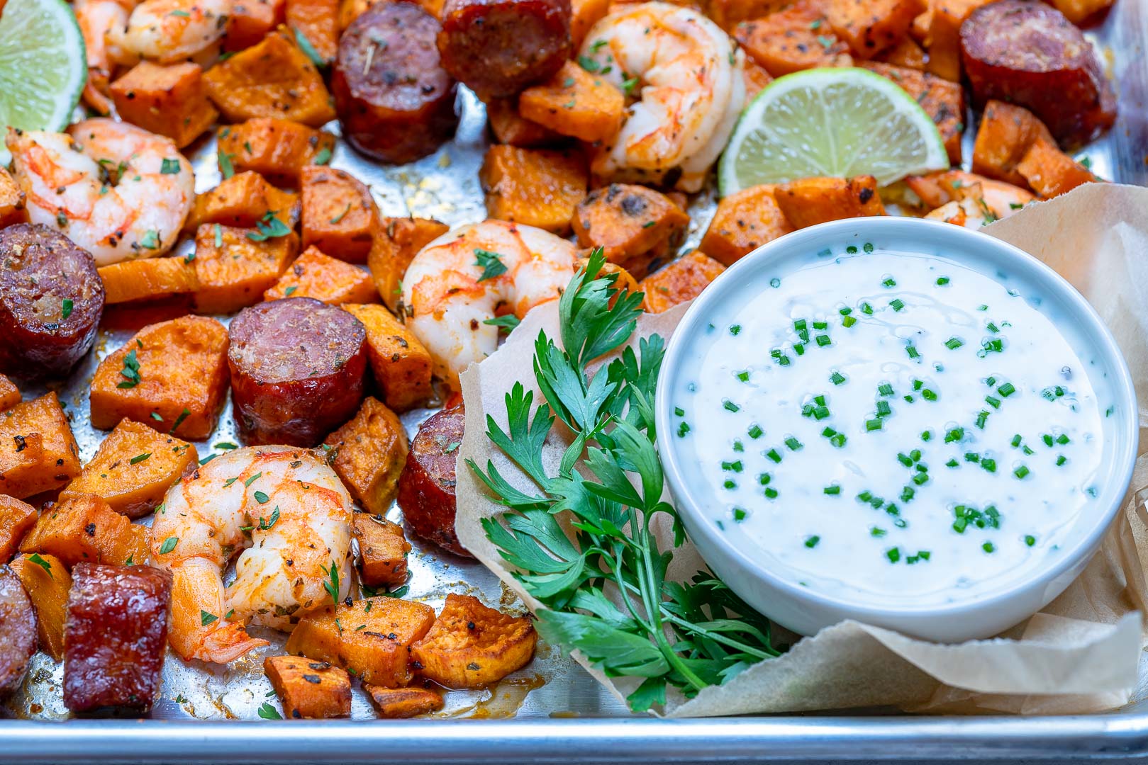 Clean Eats Sheet Pan Shrimp 'Boil' + homemade Ranch Sauce