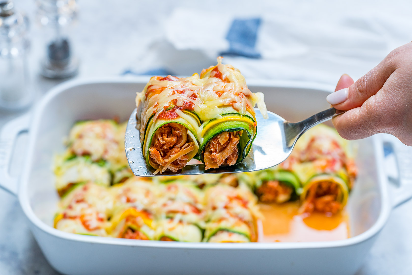 Clean Food ucchini Chicken Enchilada Roll-Ups