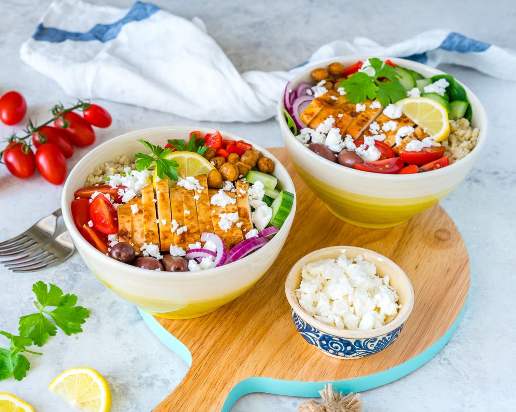 Clean Mediterranean Chicken Power Bowls with Garlic Roasted Chickpeas