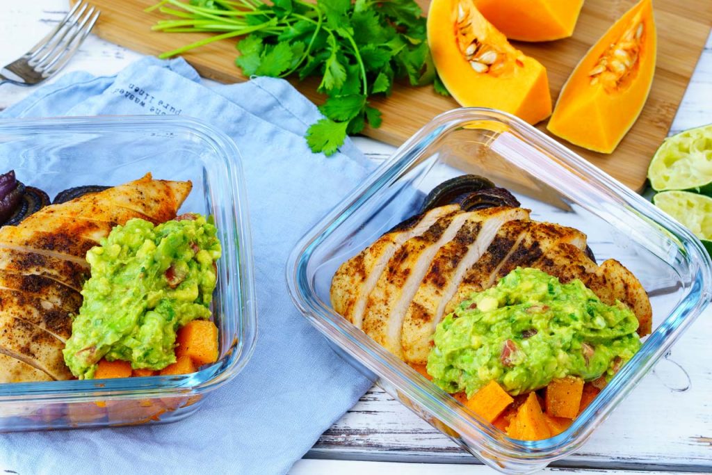 Roasted chicken veggies and guacamole bowls